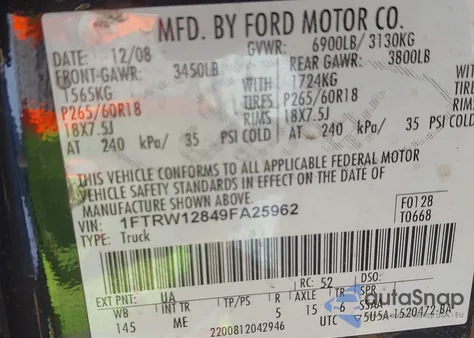 2009 Ford F-150 Xl/Xlt from USA, damaged, VIN 1FTRW12849FA25962